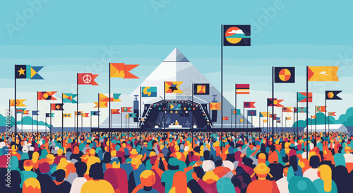 Crowd Watches Music Festival Performance Under Pyramid Stage with Flags