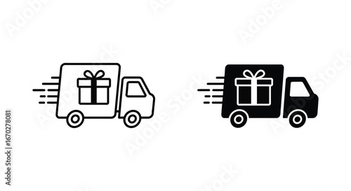 Delivery truck icon set carrying a gift box for festive occasions