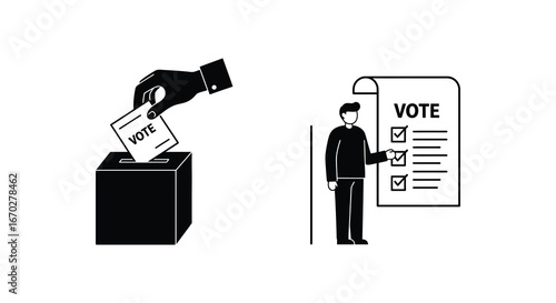 Voting process illustration featuring a ballot box hand and person marking a ballot