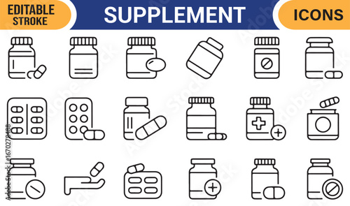 Thin line icons of supplements, healthcare tablets, and pharmacy packaging