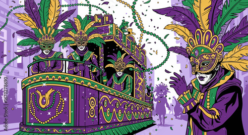 Vibrant Mardi Gras Parade Celebration with Costumed Revelers and Floats