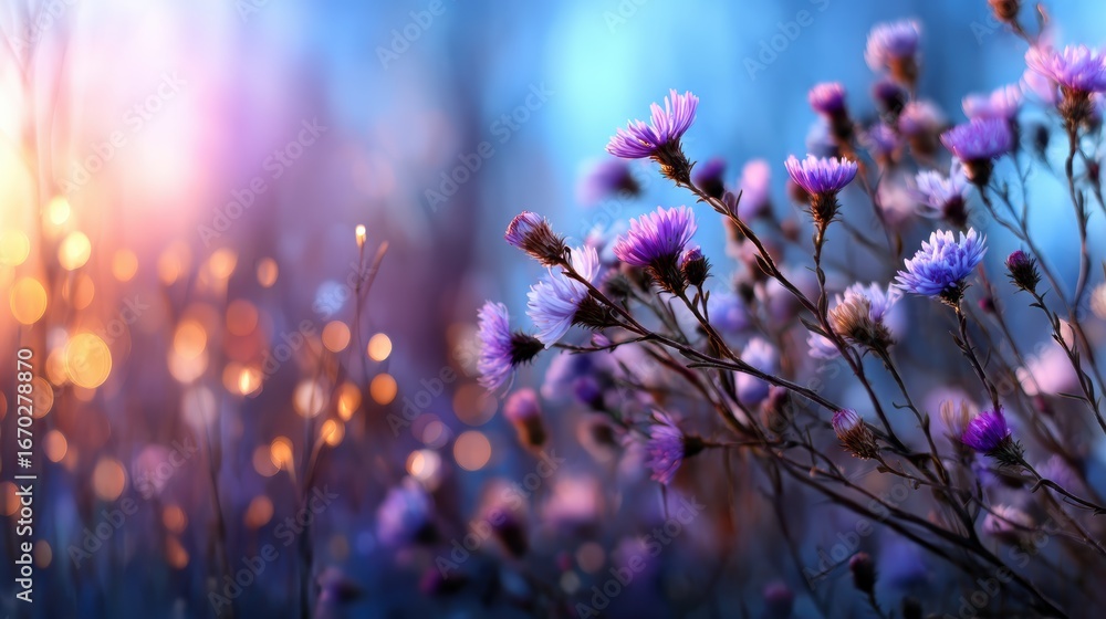 Naklejka premium A breathtaking arrangement of purple flowers illuminated by gentle light, creating a dreamy atmosphere that inspires tranquility and appreciation for nature's beauty.