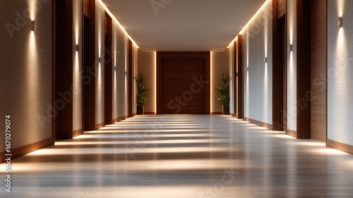 Wallpaper Mural A modern hallway featuring sleek design, ambient lighting, and potted plants, evoking a sense of tranquility and sophistication in interior architecture. Torontodigital.ca