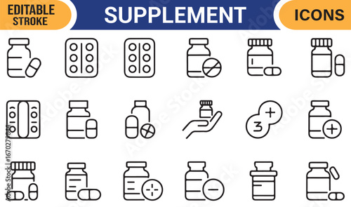Supplement and medicine container icons for healthcare and nutrition concepts