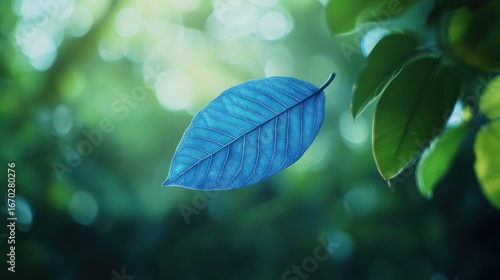 Single blue leaf, sunlight, green bokeh background.