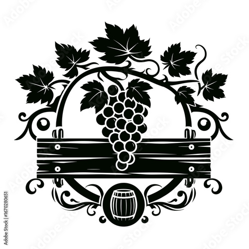 Wine barrel with grapes in black and white vine style