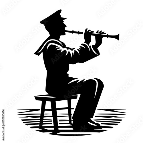 Silhouette of man playing clarinet seated on stool