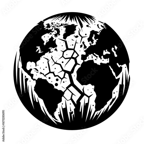 Cracked earth globe in black and white style