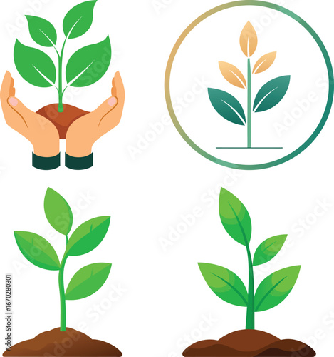 A young green plant with visible roots growing in rich soil, symbolizing growth, sustainability, and environmental health, set against a vibrant sky and lush landscape