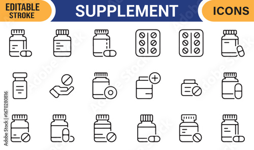 Vector supplement icons showing medicine packaging, capsules, and tablets