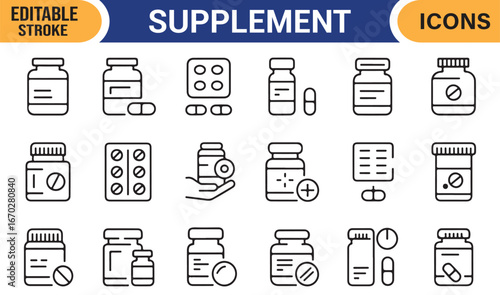 Editable stroke icons of supplement bottles, pills, capsules, and vitamin containers
