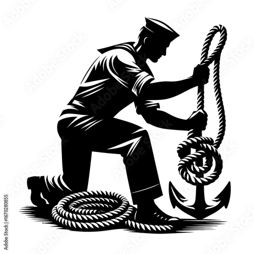 Sailor pulling rope with anchor against transparent background