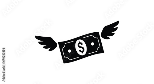 Money with wings flying away financial loss concept in black and white