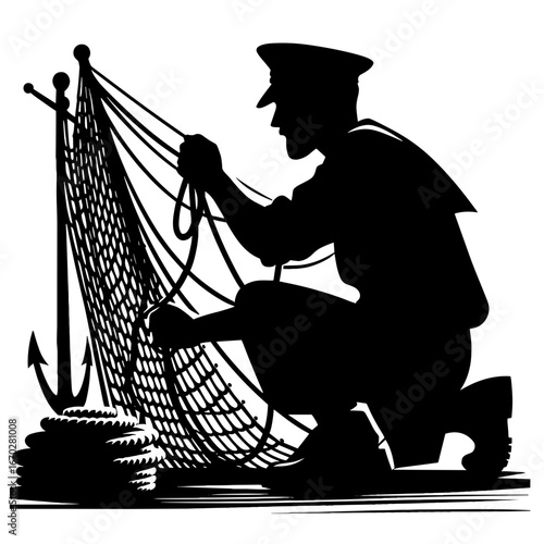 Fisherman Fixing Net Against transparent Background