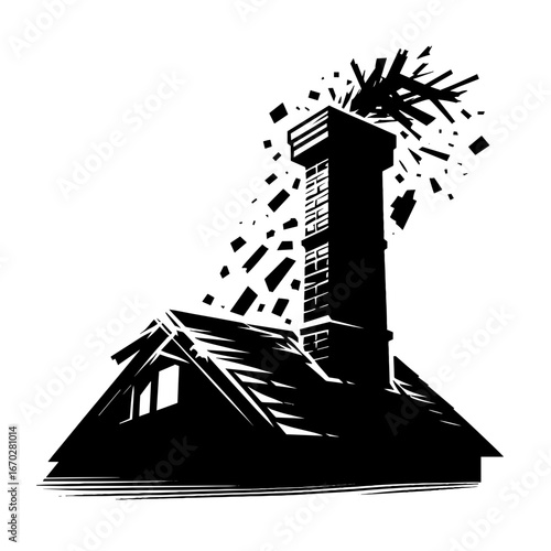 Brick chimney explosion in black-and-white style on roof