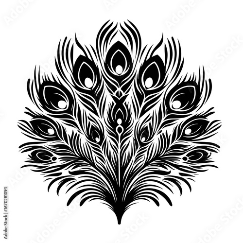 Symmetrical peacock feather arrangement black and white