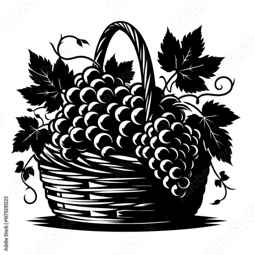 Basket of grapes and vine leaves black and white illustration