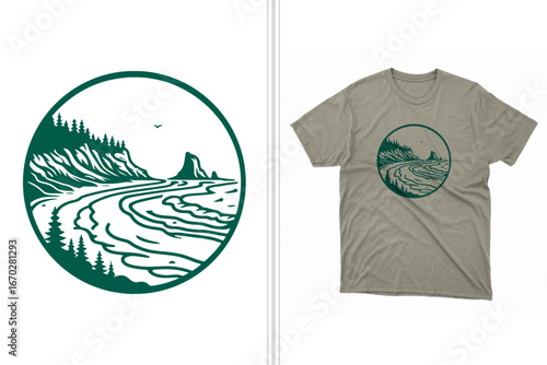 oregon coast vector illustration of a t-shirt design print, coastal and mountainous graphic tee