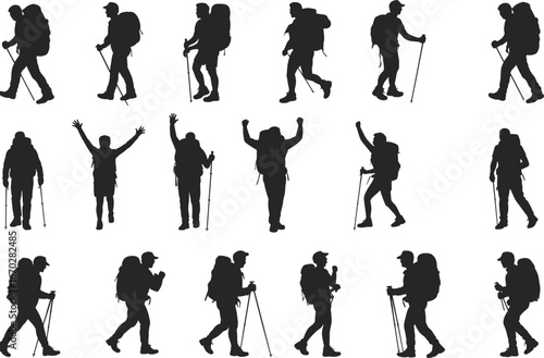 Silhouette hikers collection, black trekking vector, mountain climber illustrations, hiking poses set, outdoor adventure clipart, backpacking icons, trail walker silhouettes