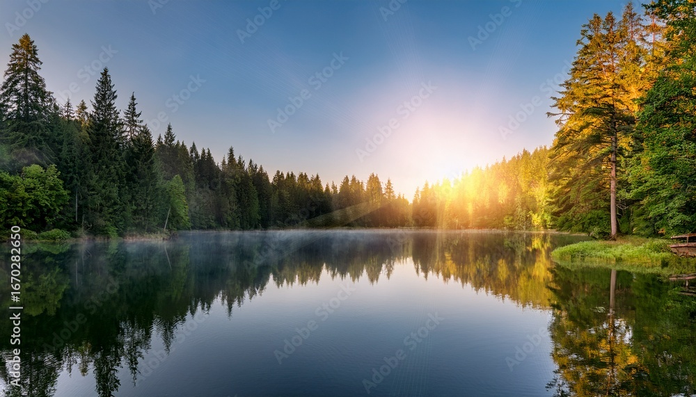 Obraz premium idyllic lake sunrise with warm sunbeams and reflective forest surroundings beautiful landscape for nature tourism and conservation awareness