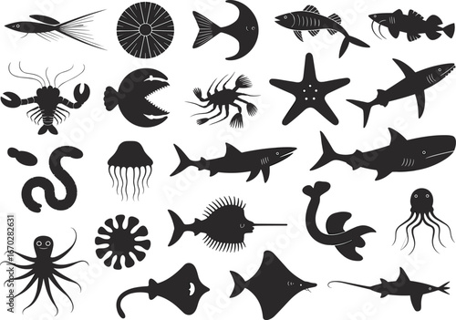 Silhouette sea creatures collection, black marine animals vector, ocean wildlife illustration, underwater creatures clipart, aquatic animal set, deep sea designs