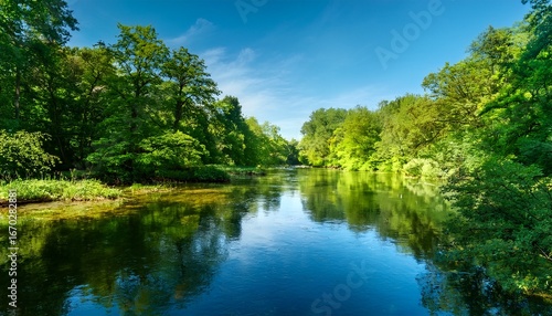 a tranquil river flows peacefully through a lush green forest reflecting the surrounding trees and the clear blue sky the scene is bathed in sunlight
