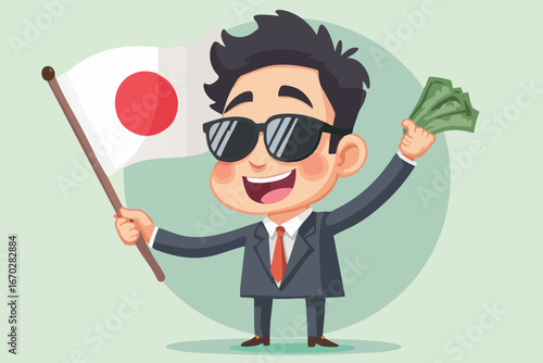 A smiling businessman in sunglasses holds a Japanese flag and a fan of money, celebrating success.