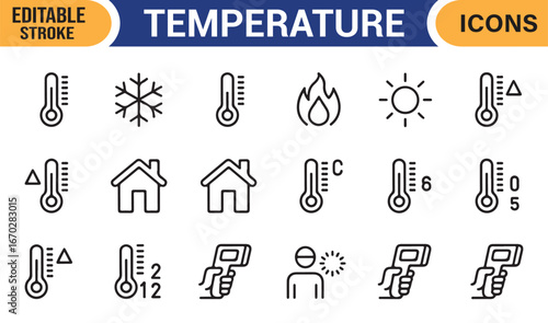 Editable stroke thermometer icons for weather, climate, and healthcare usage