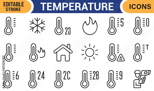 Temperature gauge icons set with sun, snowflake, fire, and infrared thermometers