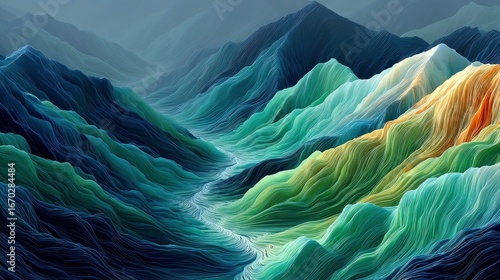 Liquid emerald canyons with Peru rainbow mountains reconstructed, jade veins flowing in vitreous valleys, morning mist triggering dynamic light refraction, adaptive color temperature for eye strain re