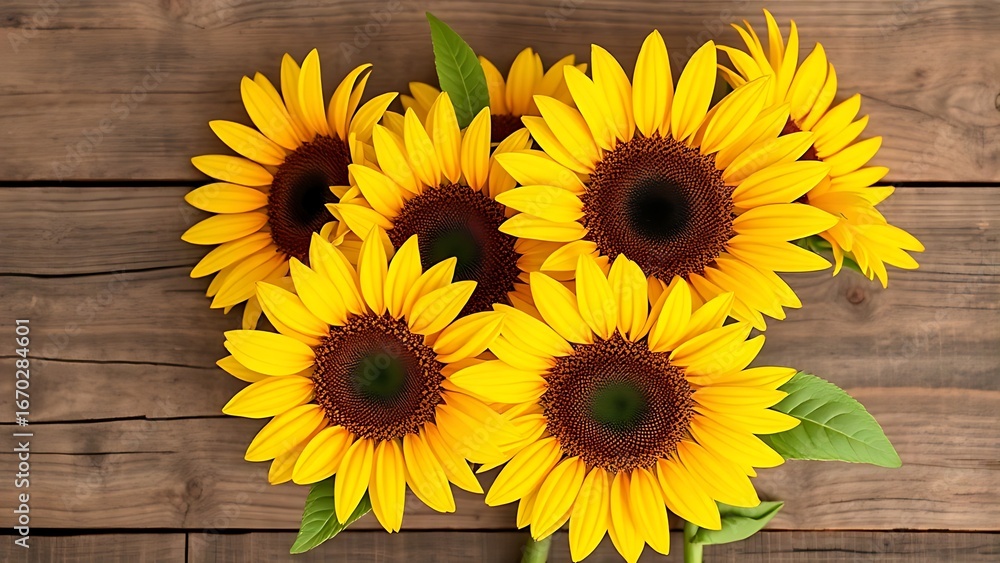 Obraz premium Sunflowers arranged on a rustic wooden surface with warm natural lighting.