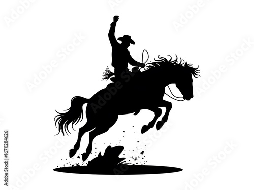 Silhouette of a cowboy riding a bucking bronco horse