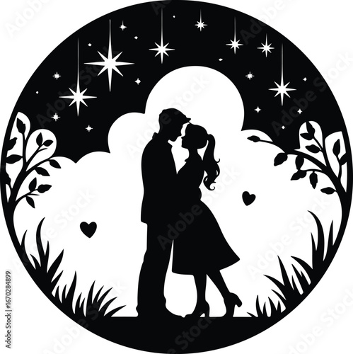 Romantic couple silhouette under starry night sky