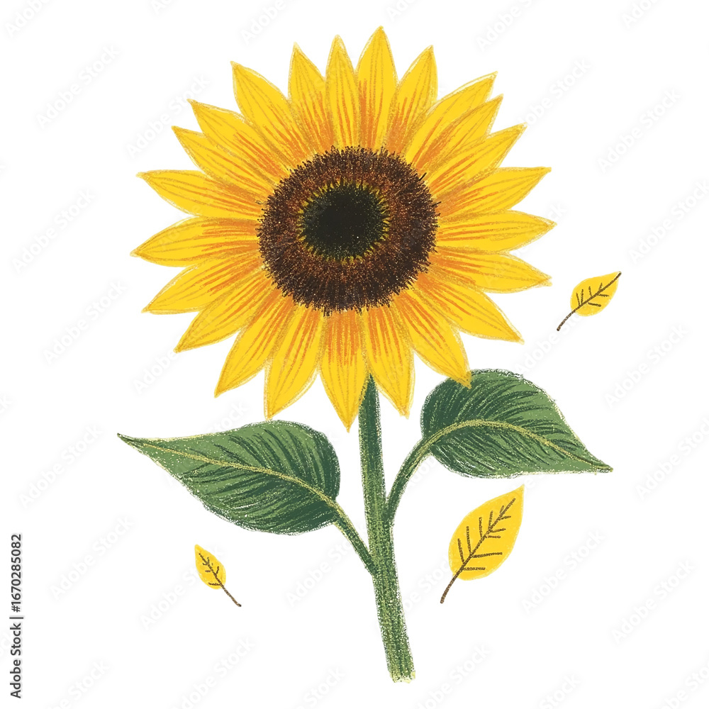 Naklejka premium Watercolor Textured Elegant Sunflower with Leaves Botanical Illustration on Black Background
