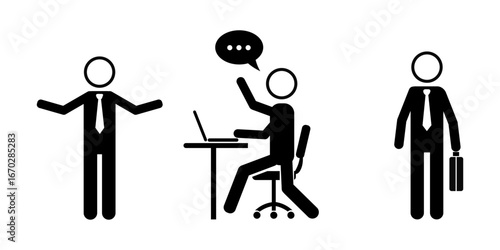 Business stickman icon set in black silhouette showing office activities. Includes businessman standing, working at laptop, talking, and holding briefcase for corporate, office, or workplace concepts.