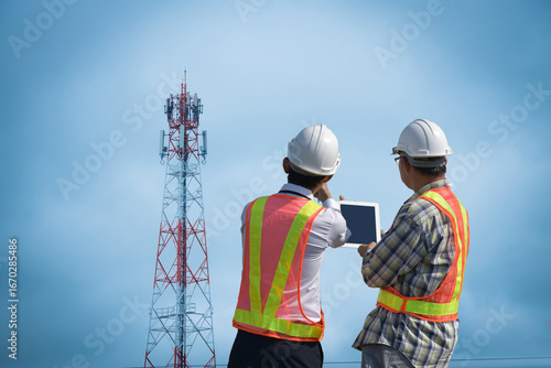 Two male communications engineers wearing helmets inspect the working system with tablet at an work site.