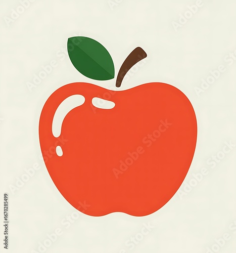 Simple red apple with green leaf and stem on light background