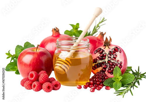 Fresh fruits and honey with mint and rosemary isolated on transparent background