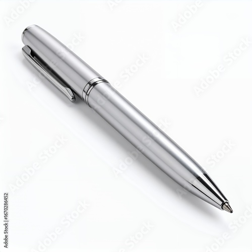 Sleek metallic pen emphasizing precision writing implement concept captured on white background