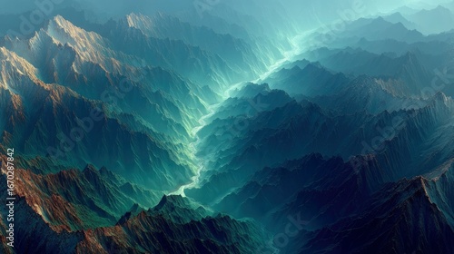 Liquid emerald canyons with Peru rainbow mountains reconstructed, jade veins flowing in vitreous valleys, morning mist triggering dynamic light refraction, adaptive color temperature for eye strain re