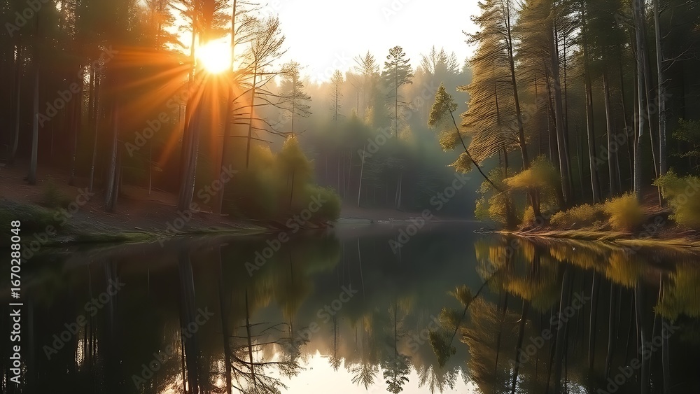 Obraz premium Peaceful forest landscape reflected in still water, capturing golden sunlight through trees.