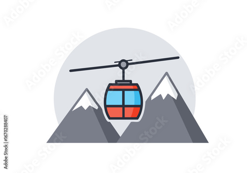 Illustration of a cable car suspended above snowy mountain peaks, with a gray background.