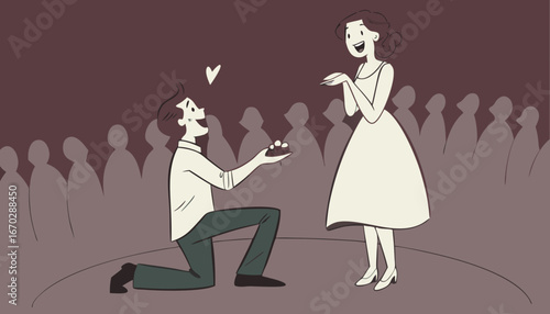 Couple enjoying romantic engagement moment, with man kneeling and presenting ring to smiling woman, dressed in beautiful gown against maroon background in a huge crowd]