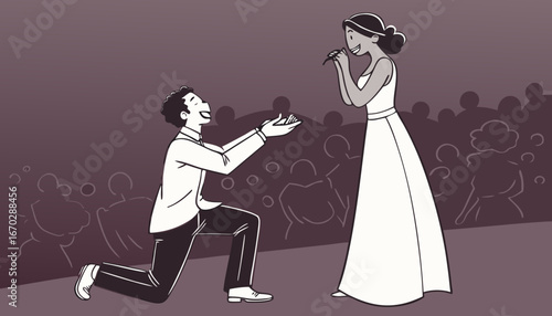 Couple enjoying romantic engagement moment, with man kneeling and presenting ring to smiling woman, dressed in beautiful gown against maroon background in a huge crowd]