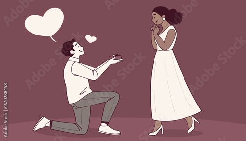 Couple enjoying romantic engagement moment, with man kneeling and presenting ring to smiling woman, dressed in beautiful gown against maroon background in a huge crowd]