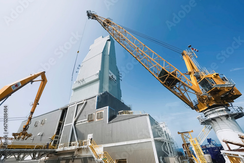 Covered drilling rig and lifting crane on deck of an offshore oil platform
