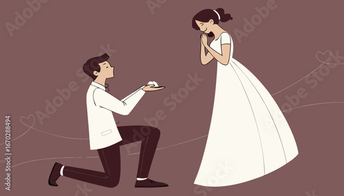 Couple enjoying romantic engagement moment, with man kneeling and presenting ring to smiling woman, dressed in beautiful gown against maroon background in a huge crowd]