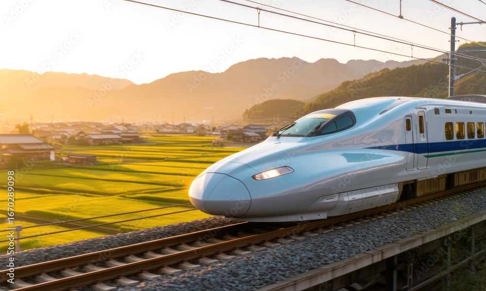 Fototapeta premium Fast train glides over rice paddies at sunrise