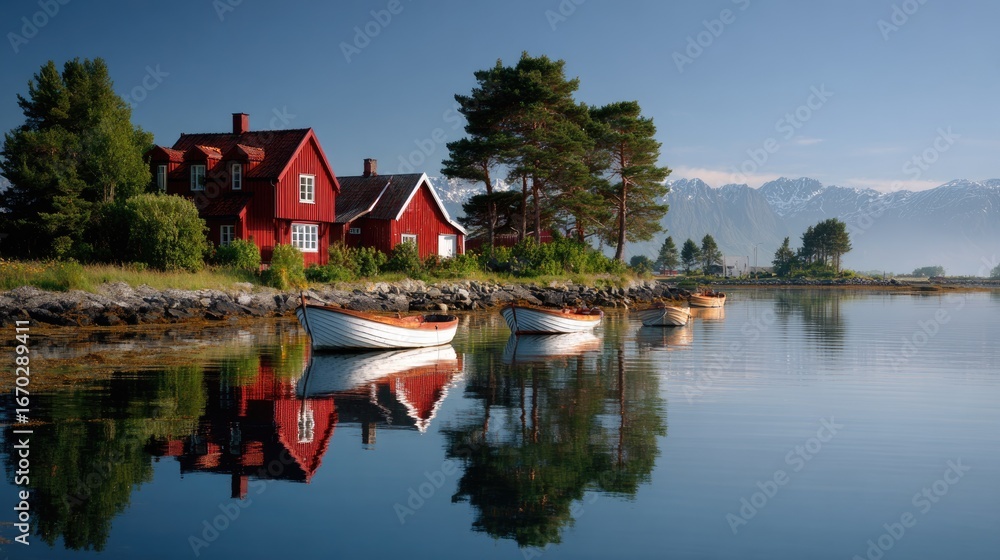 Obraz premium traditional Norwegian wooden boats moored along a calm fjord, alongside classic red-painted wooden houses