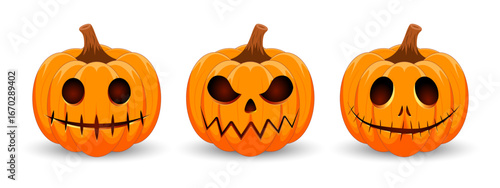 Set carved Halloween pumpkins with different scary faces isolated on white background. The main symbol of the Happy Halloween holiday. Vector illustration.